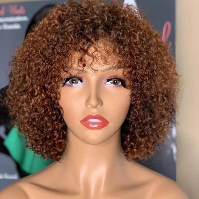 China Curly Brown Color Virgin Hair 13x4 Cut Curly Bob Wig Transparent Lace Front Wig With Full Cuticle Aligned for sale