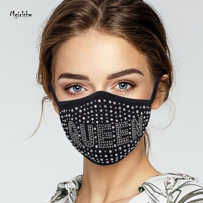 China 2021 Outdoor Activities Mgirlshe Washable Reusable Rhinestone Face Masking With Earloop Adjustable Pattern Black Face Masking For Women Men Christmas for sale