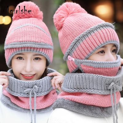 China Mgirlshe 2020 New Pattern Outdoor Activities Pink Winter Knitted Korean Fashion Neck Face Cap Masking Cuff Keep Warm Hats Women for sale