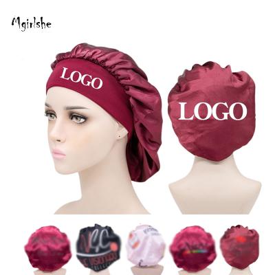 China Mgirlshe Verified Verified Customized Designer Logo Sleep Hat Satin Bonnet Bonnet for Hair Braid Elastic Band Night Sleep Soft Hat Long Large for sale