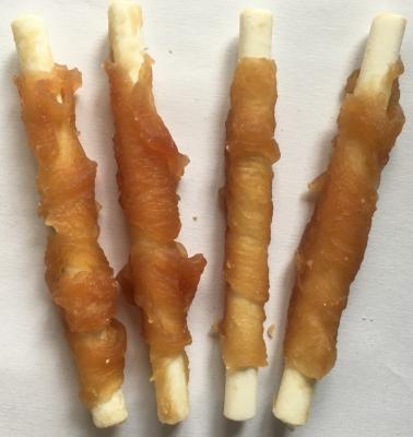 China OEM 4inches Sustainable Dry Pet Food Chicken Wrapped Bleached Cowhide Stick Dog Treats for sale