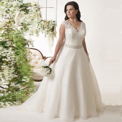 China Plus Size Lace Anti-Static Beading Wedding Dress A Line Cap Sleeve Cutout Back Chapel Train Wedding Dress for sale