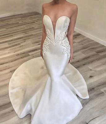 China Simple Wedding Dresses Trumpet Satin Backless Strapless Deep V Neck Wedding Dresses Anti-Static for sale