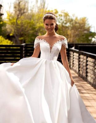 China Anti-Static VLLUSISA A Line Spain Crystal Off Shoulder Satin Bridal Wedding Dress V-Neckline Dress for sale