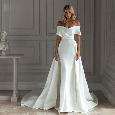 China VLLUSISA Anti-Static Boat Neck Off The Shoulder Wedding Dress Sheath Satin Wedding Dress With Detachable Train for sale