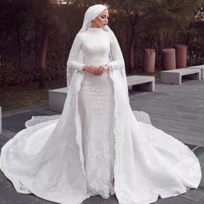 China High Neck Long Sleeve Anti-Static Sheath Muslim Wedding Dress Lace Up Hijab Wedding Dress With Detachable Train for sale