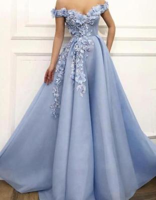 China Custom Made Light Blue Even Dress Anti-Static A Line Off The Shoulder 3D Flowers Evening Dress for sale