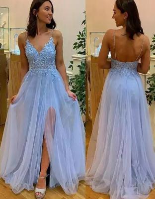 China Anti-wrinkle Slit Tulle Prom Dress Beading Spaghetti Tie A Line Backless Lace Appliqued Formal Party Dress for sale