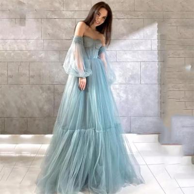 China Anti-wrinkle Ruched A Line Off The Shoulder Blowout Sleeve Boho Evening Dresses 2022 Dusty Blue Prom Dresses for sale