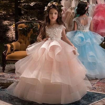 China Sleeve Ruffled Cap Ball Gown Flower Girl Dresses Kids Organza Tiered Wedding Party Dresses for sale