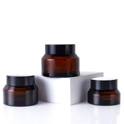 China Low Price Recyclable 15ml 30ml 50ml Cosmetic Tipped Shoulder Cosmetics Amber Glass Jar For Eye Cream Package With Plastic Cap for sale