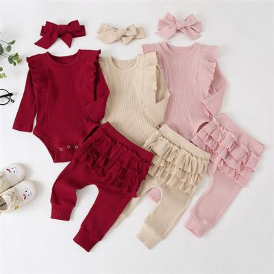 China SE0118 3Pcs Autumn Spring Girls Breathable Infant Solid Outfits Kids Clothes Ribbed Romper Long Sleeves Top Ruffle Pants Headband Sets for sale