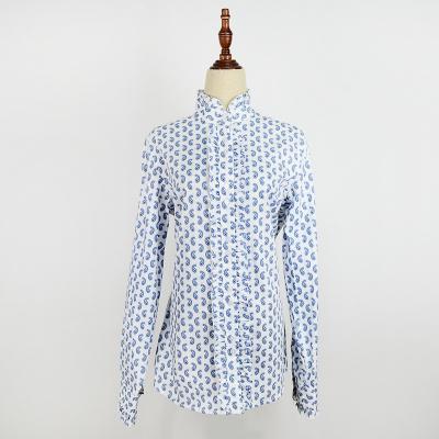 China Anti-pilling top latest designs printed cotton ladies shirt with ruffles cuff and collar for sale