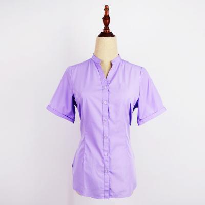 China Purple V-neck Classic Fashion Backing Anti-pilling Color Shorts Sleeve Office Ladies Blouse Shirt for sale