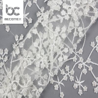 China Duabi beaded lace fabric new arrival handmade lace fabric beaded white beaded lace fabric viable for bridal for sale