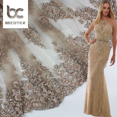 China 2021 Color Handmade Nude Pearl Lace Fabric High Quality Bridal Lace Fabric Beaded Lace Fabric for sale