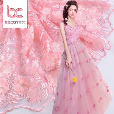 China Viable Hot Sale Popular Colorful Laser Embroidered 3d Flower Lace Dress Fabric for sale