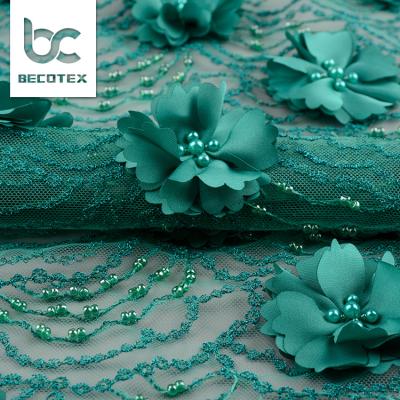 China 2021 Sustainable Flower 3d Dark Green Lace Luxury Tulle Bridal Fancy Wedding Lace Beaded Lace Fabric for sale