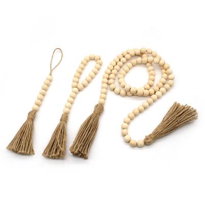 China 100% REWIN Handmade European Pastoral Natural Wooden Style Hemp Rope Tassel 16mm Beads Wall Hanging Room Decors for sale