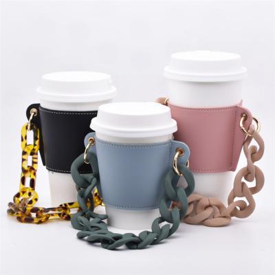 China REWIN Materials Customizable Multi Color Insulated Recycled Acrylic Coffee Bead Chain Holder PU Leather Drink Cup Holder for sale