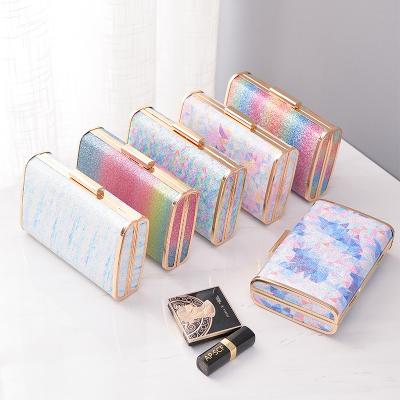 China Wholesale REWIN Fashion Rainbow Color Bling Waterproof PU Woman Clutch Bags Handbags Even Purse Box for sale