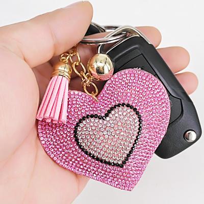 China Luxury Pink Heart Shape PU Key Chain Glitter Rhinestone Charm Leather Key Ring Chain Bag Pendant Accessories REWIN Bag Parts for sale