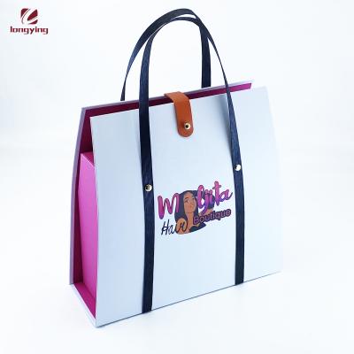 China Handmade Unique Design Hair Extension /wig Boxes Beauty Folding Box With PU Handle Hot Pink Paper Boxes for sale