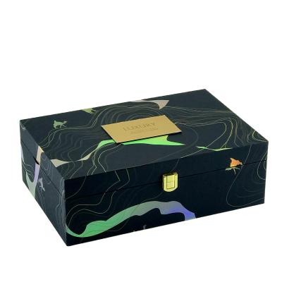 China Custom Luxury Recyclable Gift Box Black Laser Cardboard Box With Gold Bows For Coffee And Tea Sets Candlestick Gift Box Packaging for sale