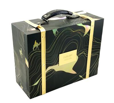 China Recyclable Custom Luxury Big Black Boxes Knock Out Cardboard Boxes With PU Handle River Buckles For Wedding Dresses Apparel Gift Box for sale