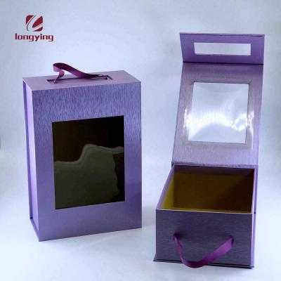 China Handmade Custom Luxury Purple Gift Box PVC Window Paper Plastic Gift Packaging Box With Handle For Shoe Packaging for sale