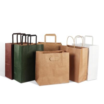 China Recycled Materials Shopping Paper Bag Brown Packaging Handle Flat Kraft Paper Bag For Clothing Shoes Grocery Custom Logo for sale