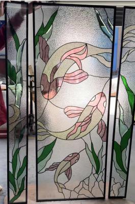 China Custom Koi Design Entry Door Glass Insert Decorative Glass Panel Beveled Glass for sale