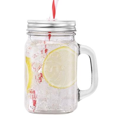 China Beverage Stored Eco Friendly Custom Embossed Mason Jar With Handle And Logo 480ml Mouth Glass Wide Straw for sale