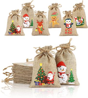 China Christmas Artificial Burlap and Burlap Bags Small Gift Bags with 12 Designs Burlap Burlap Bags with Drawstrings for Christmas Party Supplies for sale