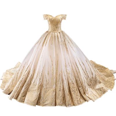 China Luxury Gold Sequin Long Train Party Wear Dress Plus Size GS512 Off Shoulder Ball Gown For Indian Brides for sale