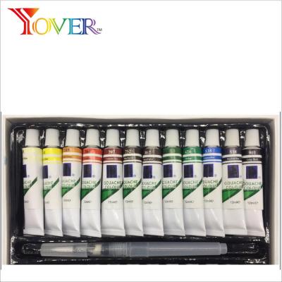 China 12pcs 12ml Non-Toxic Artist Gouache Paint with Water Brush Pen Set for sale