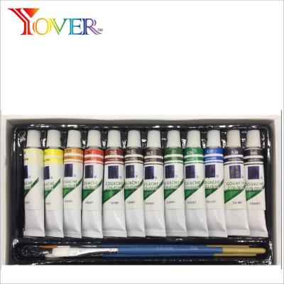 China 12pcs 12ml Non-Toxic Artist Gouache Paint with 3 Artist Brush for sale