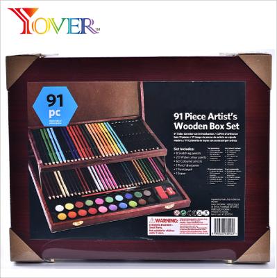 China Non-toxic Color Pen Water Art Set 91pcs With Packing Drawing And Wooden Case Art Set for sale