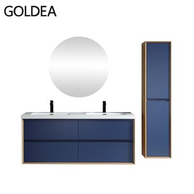 China Modern Western Fancy Double Basin Navy Blue Bathroom Wall Vanity Cabinet for sale