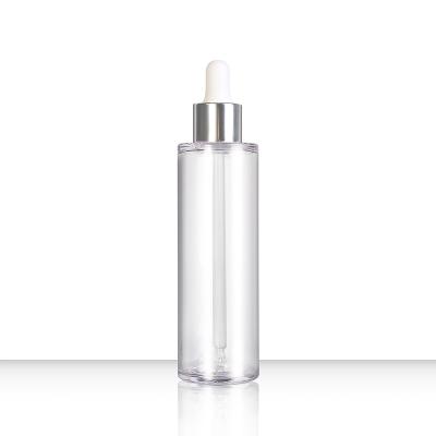 China Garrafa de vidro transparente Flat Dropper 100ml Sorvo para ombro Embalagem para cuidados com a pele cilindro Óleo essencial Cosmético personalizado à venda