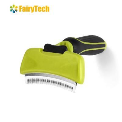 China Sustainable Deshedding Tool Curved Comb Blades Grooming Brush With Self Cleaning Fur Remover Button for sale