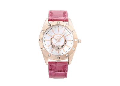 China Pink Diamond Metal Case Leather Quartz Watches For Lady , 30m Water Resistant for sale