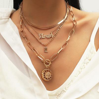 China 2022 New Vintage Personality Classic Sun Moon Angel Letter Necklace Hot Selling Multilayer Pendant Necklace for sale