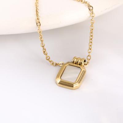 China 2022 Vintage Hot Selling Turquoise Double Layered Necklace Square Pendant Stainless Steel Pearlescent Necklace for sale