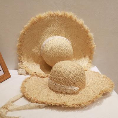 China Character ins summer straw hat with oversized edging gutters domed retro korean seaside beach parasol lace straw hat. for sale