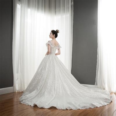 China Premium 2022 Breathable Off The Shoulder Lace Overall Wedding Dresses Beaded Lace Fabric Wedding Dress for sale