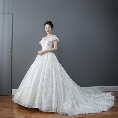 China Vintage Breathable Pearl High Breathable Bridal Sparkly Design Polyester Nail Long Wedding Dress for sale