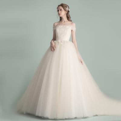 China Fashion Breathable Simple Puffy Lace Tulle Long Tail Beaded Bridal Beach Wedding Dress For Sale for sale