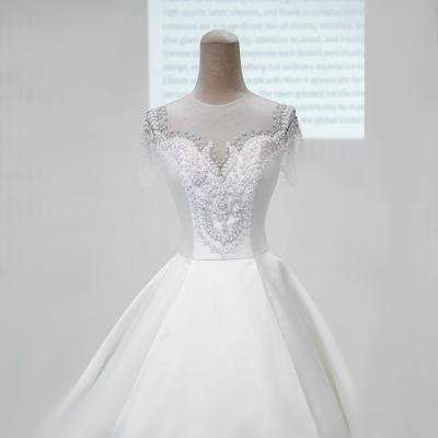 China 2022 High Quality Breathable Satin Beading Elegant Wedding Dresses Big V Neckline Plain Bridal Gowns for sale