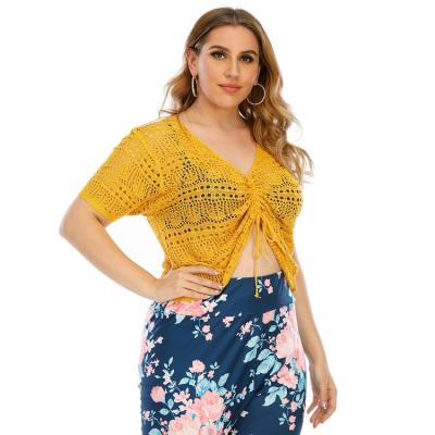 China New Type Sustainable Design Women Plus Size Short Sleeves Crochet Hollow Pleated Crop Top for sale